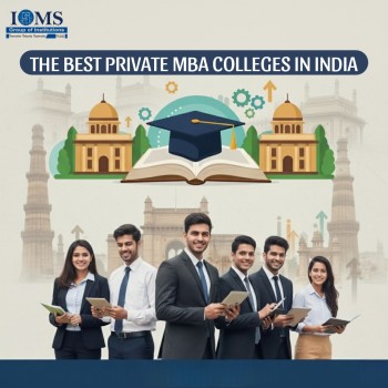 Image of six confident MBA students (four men and two women) dressed in business attire, holding tablets, standing in front of a backdrop featuring a central open book with a graduation cap and university buildings, titled: