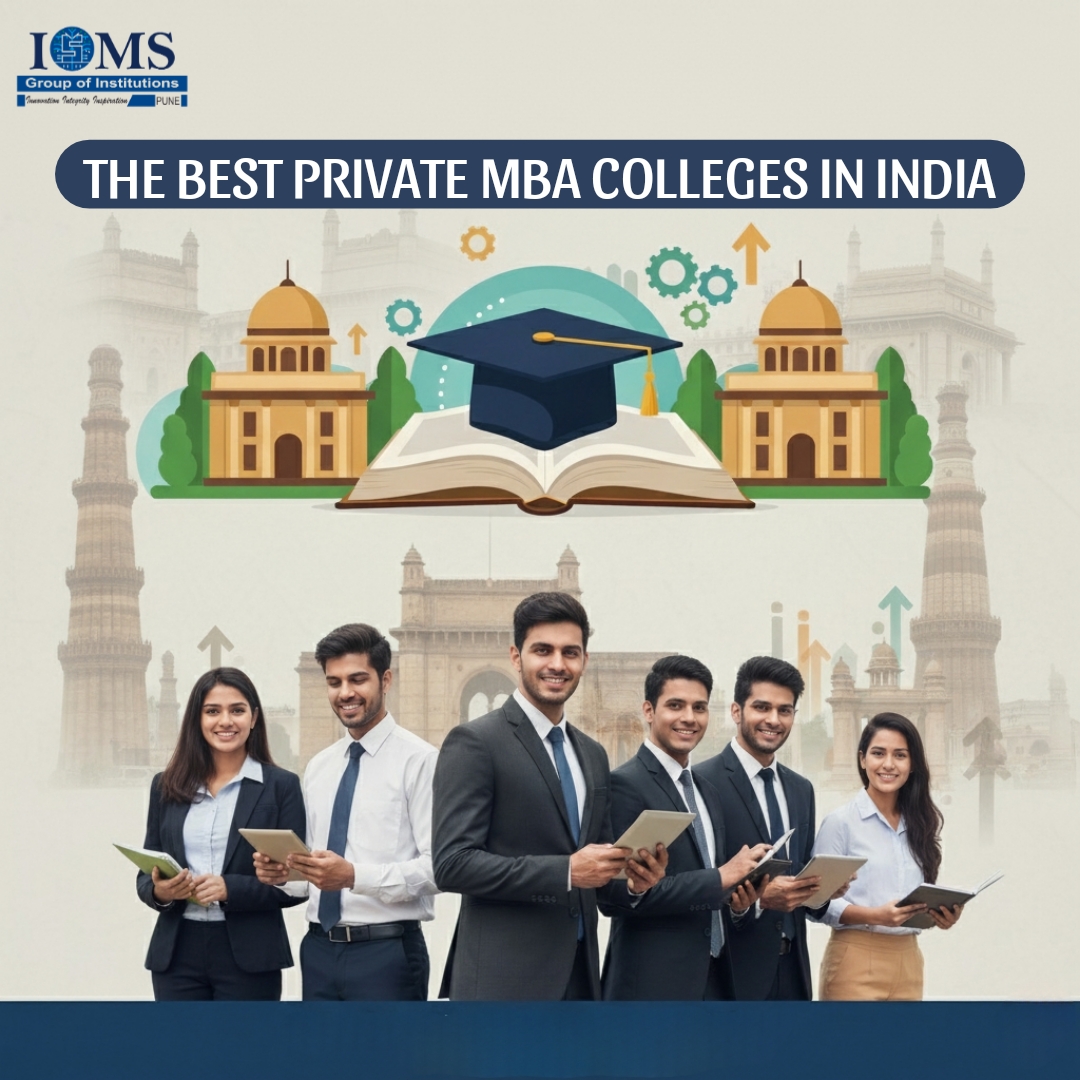 Image of six confident MBA students (four men and two women) dressed in business attire, holding tablets, standing in front of a backdrop featuring a central open book with a graduation cap and university buildings, titled: