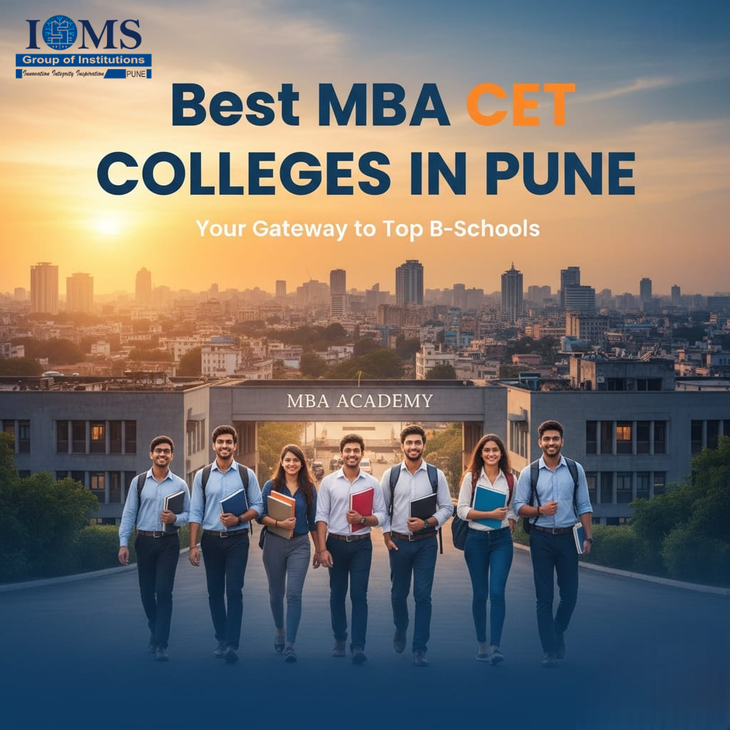 A group of MBA students walks on campus with the Pune skyline behind them, under the title 